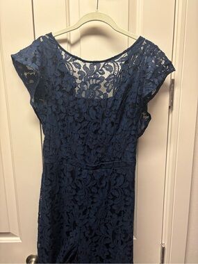 Elegant Navy Lace Cap-Sleeve Jumpsuit